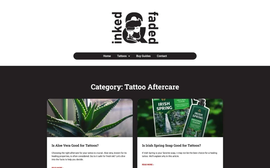 Inked and Faded's old Tattoo Aftercare archive: two columns of photo cards