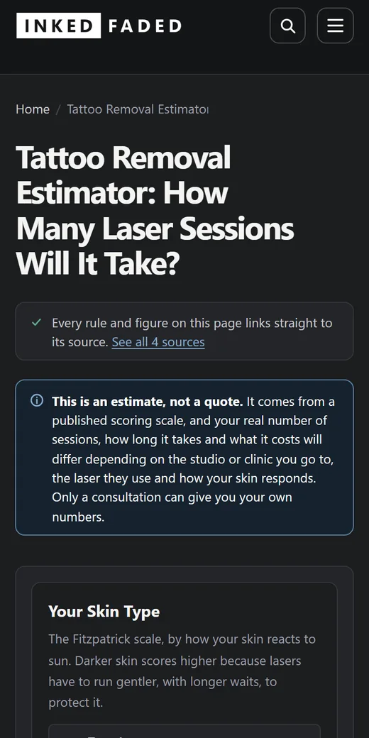 The Tattoo Removal Estimator on a phone, opening with its sources and an estimate notice