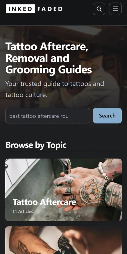Inked and Faded's homepage on a phone: photo hero, search and topic cards