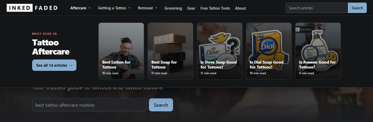 Inked and Faded's mega menu open on the Tattoo Aftercare topic, on a desktop monitor