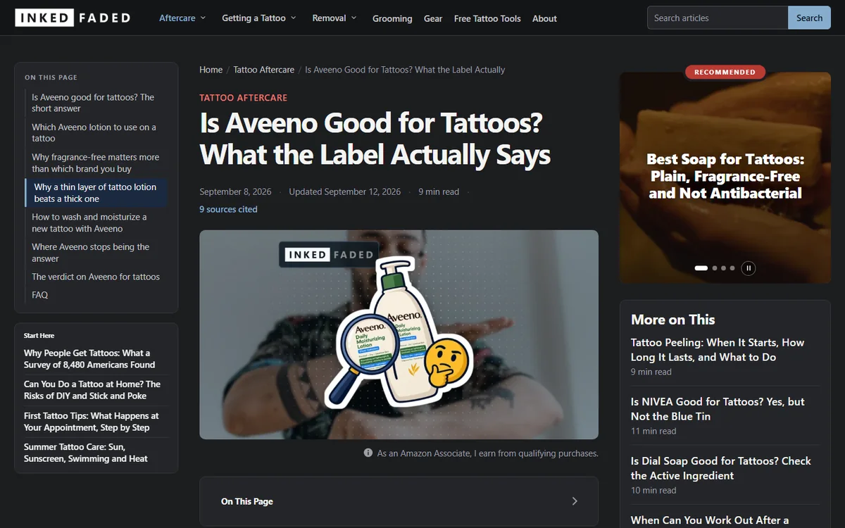 An Inked and Faded article on a laptop: contents list, sources count and Recommended carousel