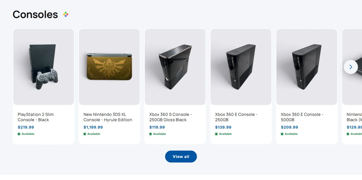 Mr Pixel homepage consoles row, on a desktop monitor