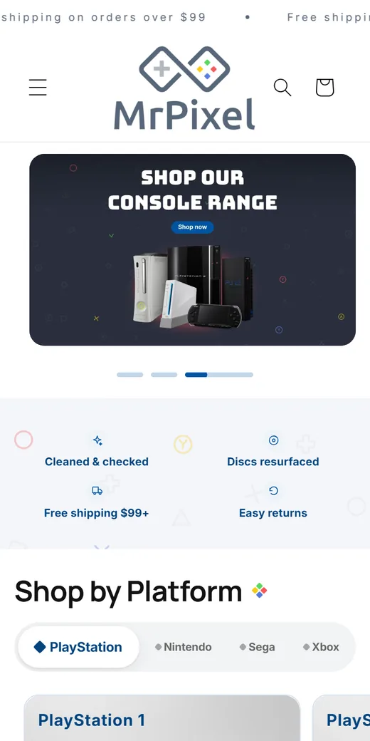Mr Pixel homepage on a phone: promise strip and Shop by Platform cards