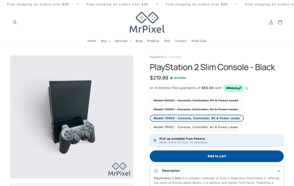 Mr Pixel product page for a PlayStation 2 Slim console, on a laptop