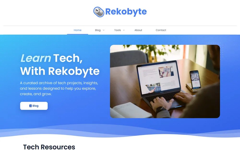 Rekobyte's new homepage on a laptop: blue gradient hero with waves