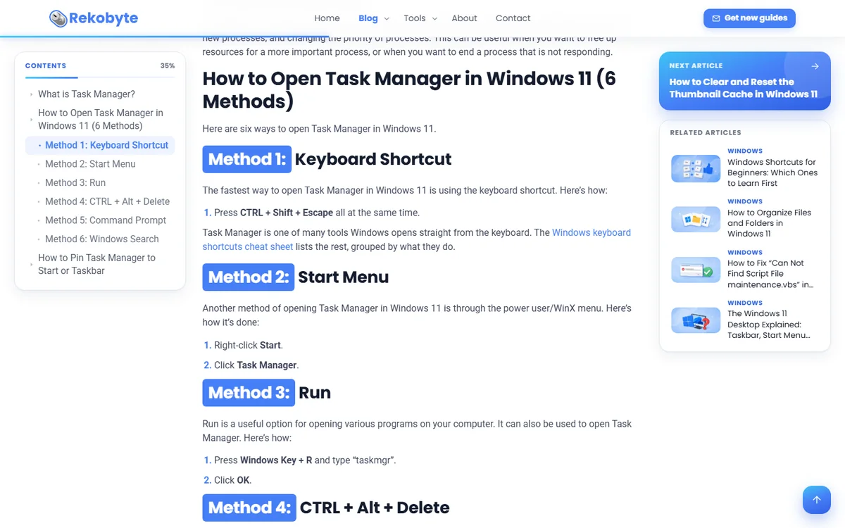 A Rekobyte article mid-read on a laptop: sticky header, contents rail and related articles