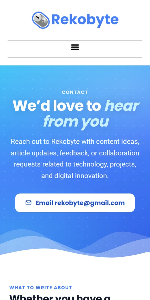 Rekobyte's Contact page on a phone with its email button