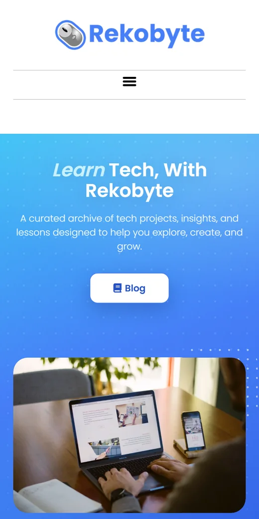 Rekobyte's homepage on a phone: gradient hero, headline and photo