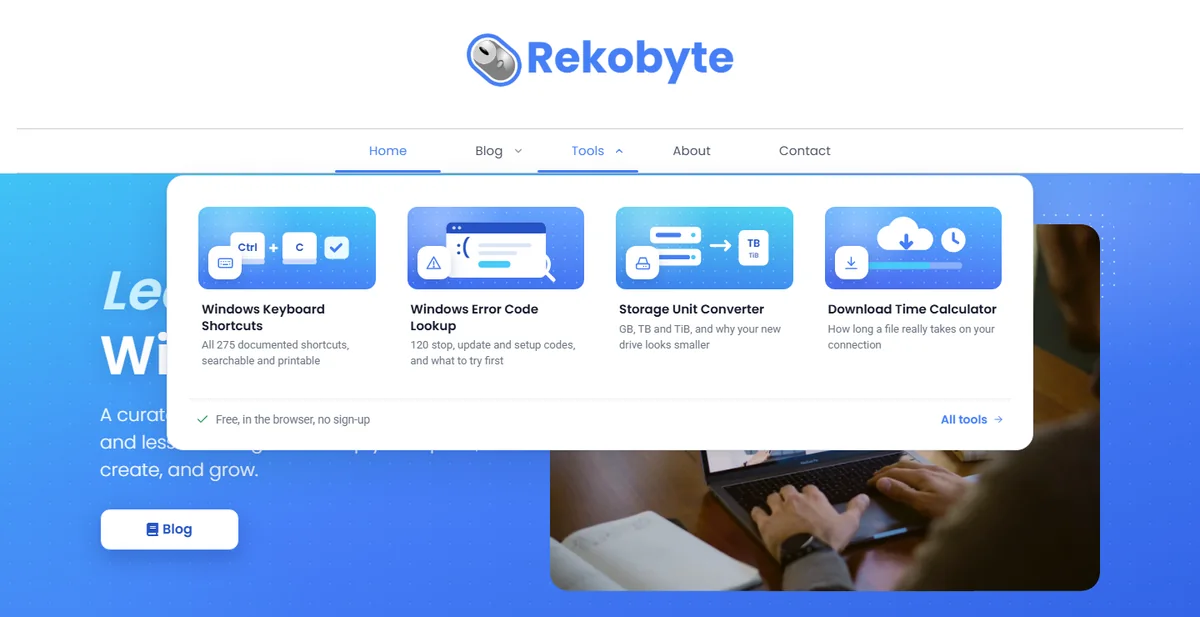 Rekobyte's Tools mega menu with four illustrated tool cards, on a desktop monitor