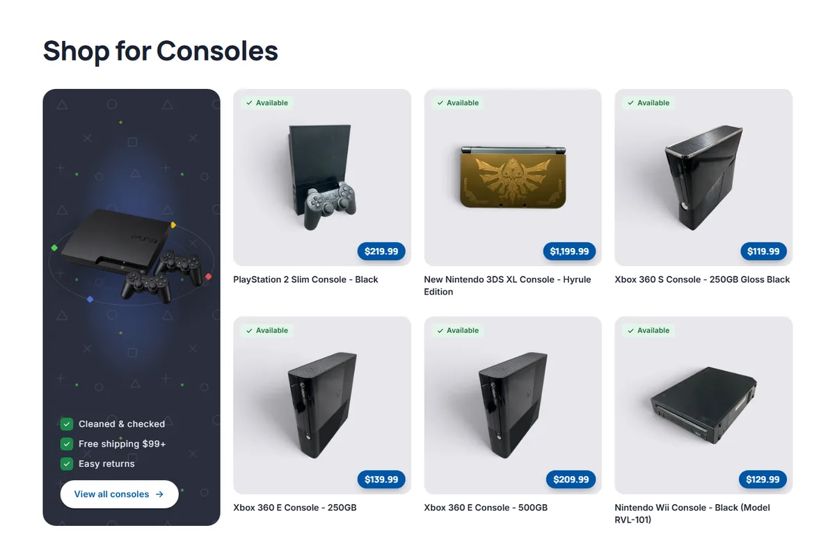 Mr Pixel homepage consoles section, on a desktop monitor
