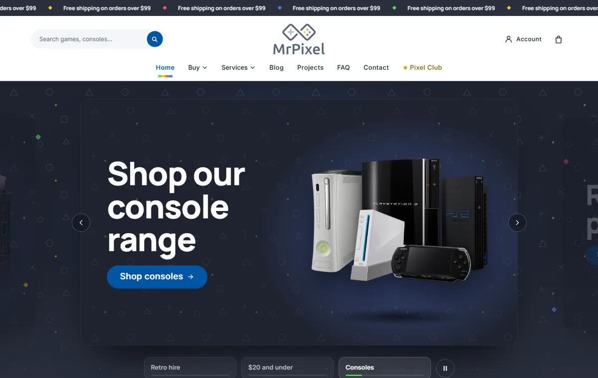 Mr Pixel homepage on a desktop monitor: header, menu and hero slides