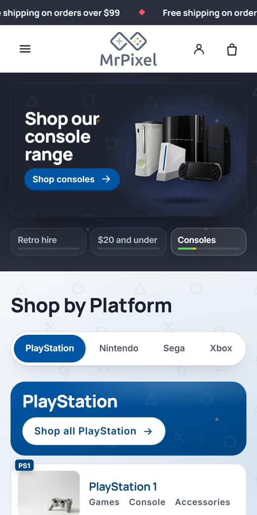 Mr Pixel homepage on a phone: hero slides and Shop by Platform tabs