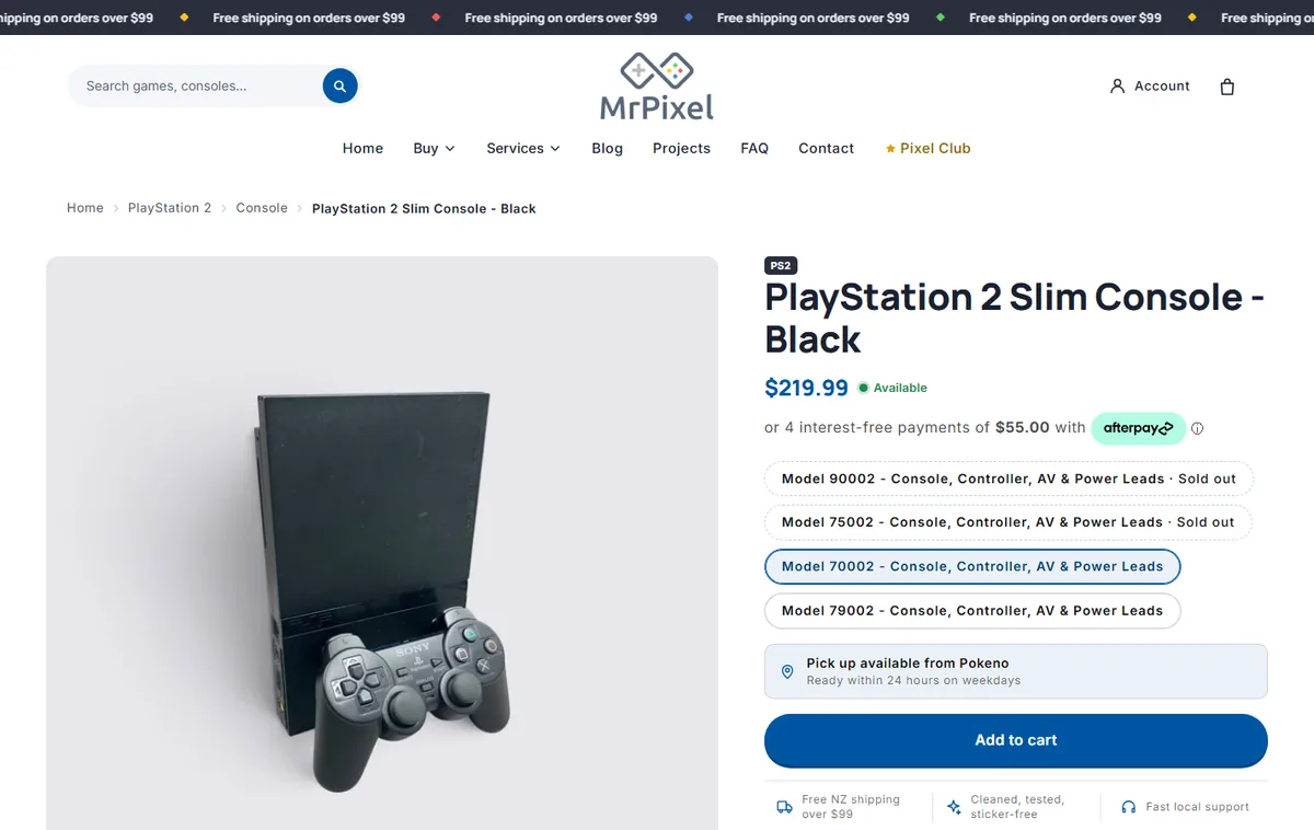 Mr Pixel product page for a PlayStation 2 Slim console, on a laptop
